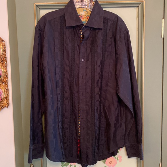 ROBERT GRAHAM Long Sleeve Black Dress Shirt with GEOMETRIC CUFF DETAIL Size L - Picture 2 of 9